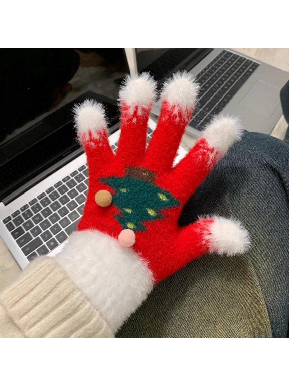 Fluffy Fur Christmas Gloves Plush Warm Snowflake Christmas Tree Gloves Winter Outdoor Ride Bicycles for Women Students Children