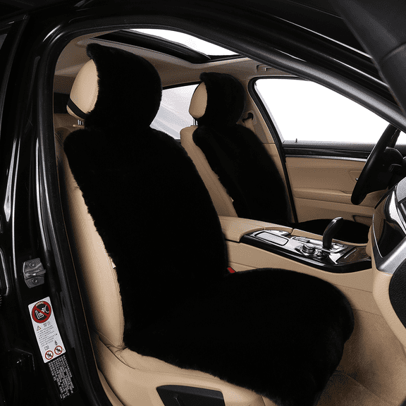 Fluffy Fur Faux Sheepskin Car Front Seat Cover Automotive Interior Accessories - Soft Eco-Friendly Wool Seat Cushions - Universal Fits Most Cars SUVs (2pcs Black)