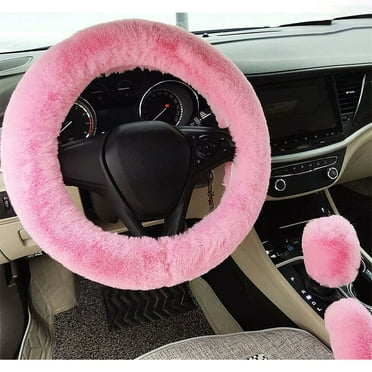 Fluffy Fuzzy Car Steering Wheel Cover Women Men 3PCS Universal Steering Wheel Cover Set - Steering Cover & Handbrake Cover & Gear Shift Cover, 14.96inch Anti-Slip Warm Steering Wheel Protector (Pink)