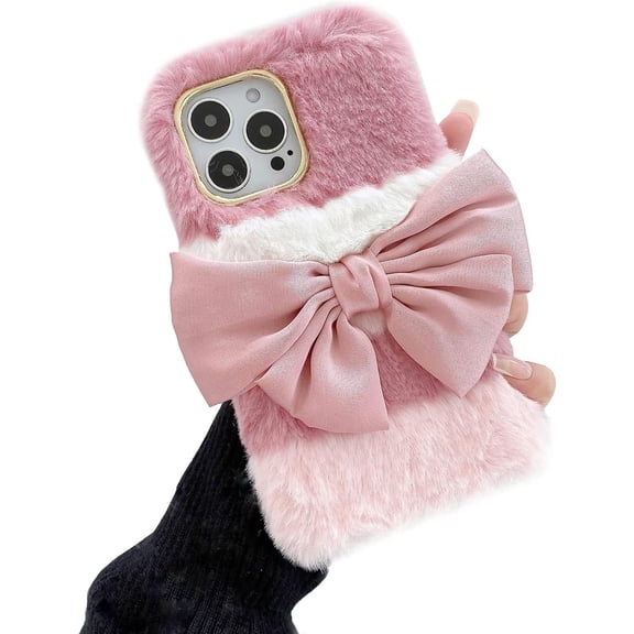 Fluffy Fuzzy Case for Samsung Galaxy S22 Plus 5G,Cute Girly Women Pink Bow Knot Plush Faux Rabbit Fur Soft Back Cover,Flexible TPU Silicone Shockproof Protective Case