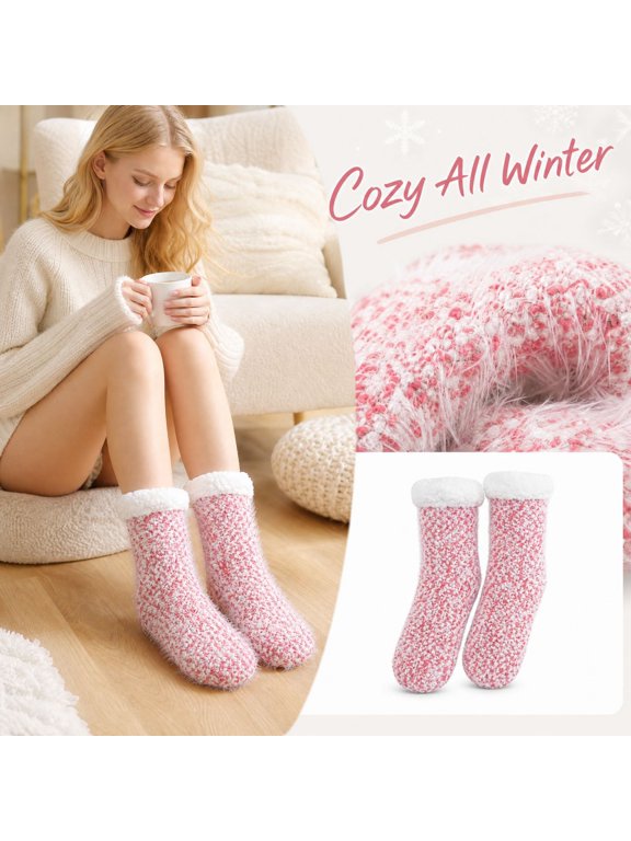 Fluffy Fuzzy Feather Yarn Mid Calf Slipper Socks with Sherpa Fleece Cuff Winter Warm Non Slip Indoor Floor Socks One Size