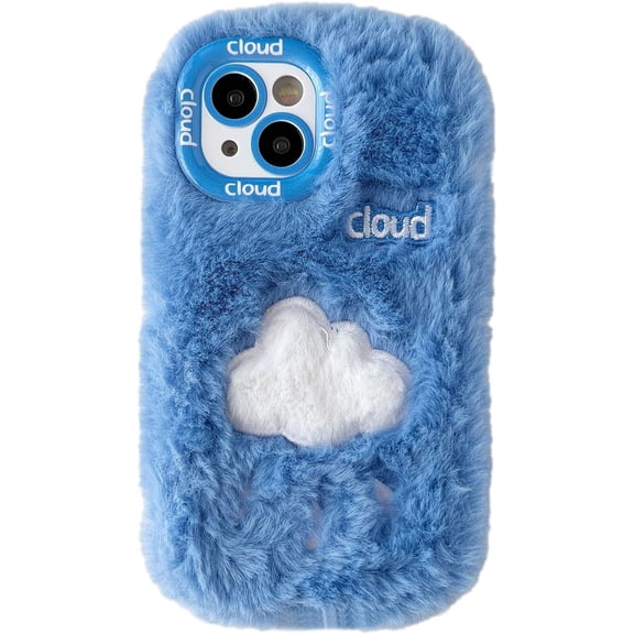 Fluffy Fuzzy Furry Warm Plush Cute Cloud Pattern Compatible with iPhone Case (Blue,iPhone 14)