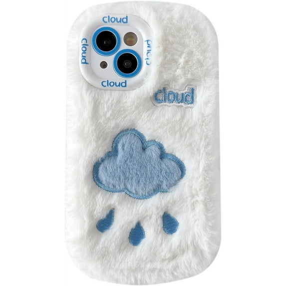 Fluffy Fuzzy Furry Warm Plush Cute Cloud Pattern Compatible with iPhone Case (White,iPhone 15 Pro)