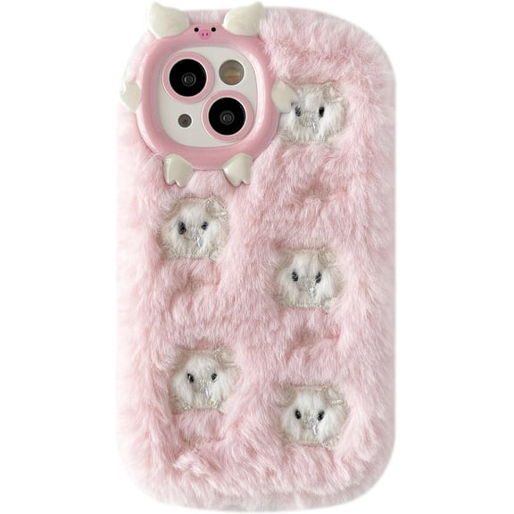 Fluffy Fuzzy Furry Warm Plush Cute Pig Pattern Compatible with iPhone Case (Pink 1,iPhone 13 Pro)