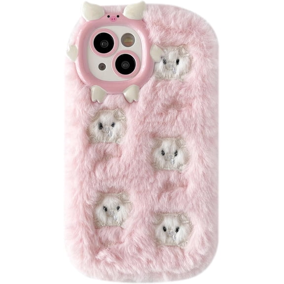 Fluffy Fuzzy Furry Warm Plush Cute Pig Pattern Compatible with iPhone Case (Pink 1,iPhone 14)