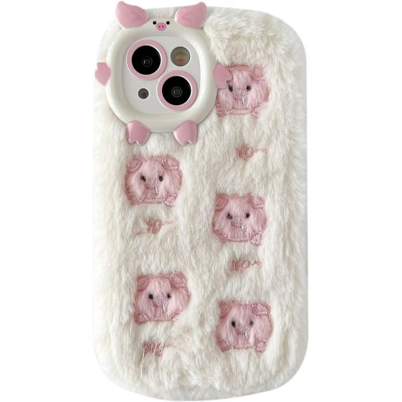 Fluffy Fuzzy Furry Warm Plush Cute Pig Pattern Compatible with iPhone Case (White 1,iPhone 12 Pro)