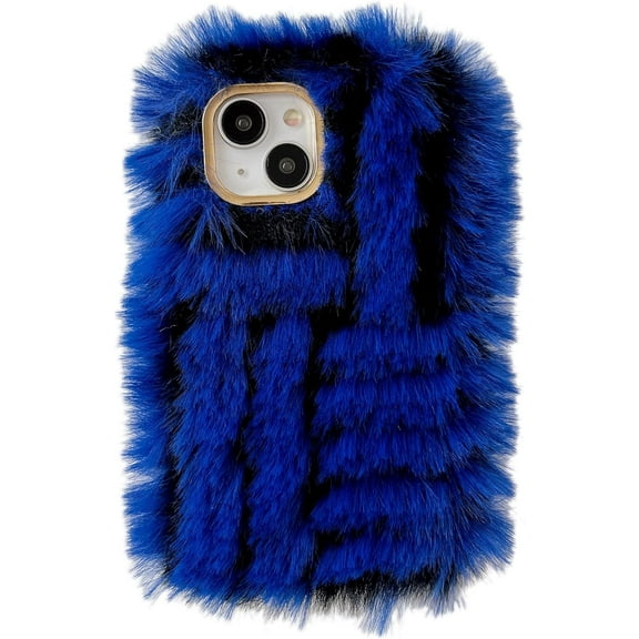 Fluffy Fuzzy Furry Warm Plush Stripe Pattern Compatible with iPhone Case (Blue,iPhone 14 Pro)