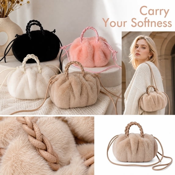 Fluffy Fuzzy Handbags for Women Plush Faux Fur Cloud Shoulder Bag Small Mini Furry Purse Soft Cute Crossbody Bag for Autumn Winter Daily Party