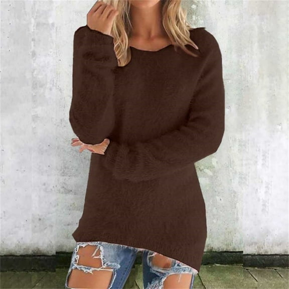 Fluffy Fuzzy Jumper Sweater Crewneck Fleece Pullover Sweaters for Women Soft Tunic Tops Cozy Pullovers Knit Jumper Thermal Soft Fuzzy Sweater Lightweight Cozy Pullovers Cute Sweaters Brown M