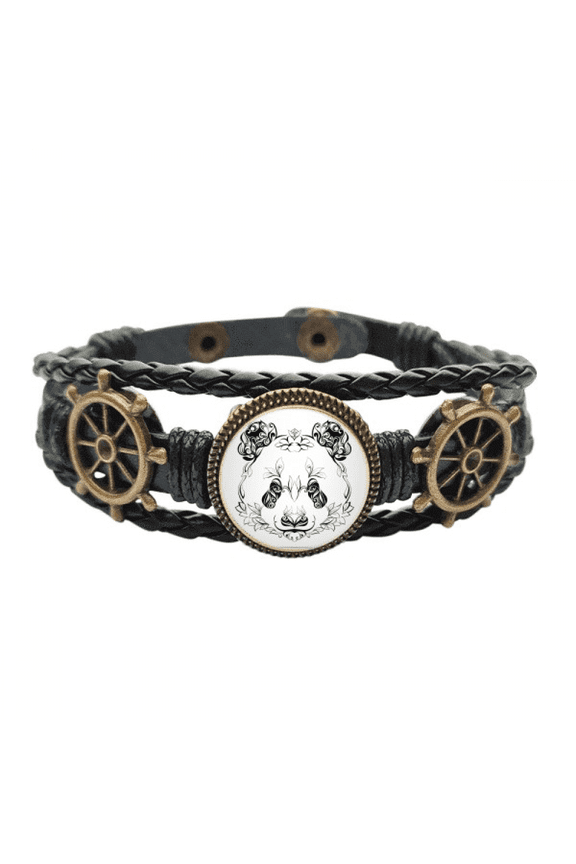 Fluffy Giant Panda Animal Portrait Leather Braided Ocean Bracelet Wristband