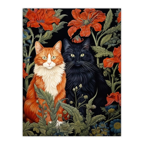 Fluffy Ginger And Black Flower Cats Amongst The Red Floral Blooms Modern Artwork Extra Large XL Wall Art Poster Print