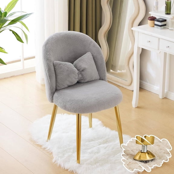Fluffy Girls Desk Chair with Back, Armless Cozy Vanity Chair, Adjustable Gold Legs, Grey
