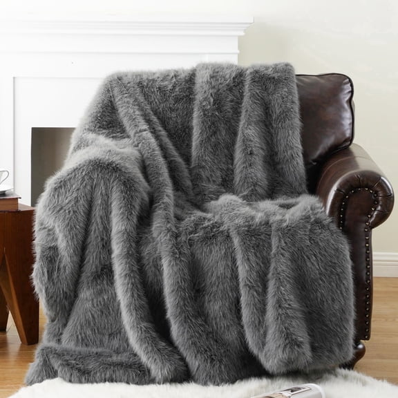 Battilo Fluffy Grey Faux Fur Throw Blanket,Large Plush Cozy Thick Fur Throws for Living Room,60"x80"