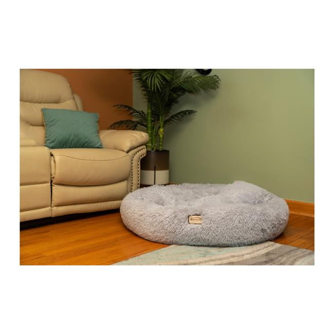 Large Gray Plush Round Faux Fur Pet Bed