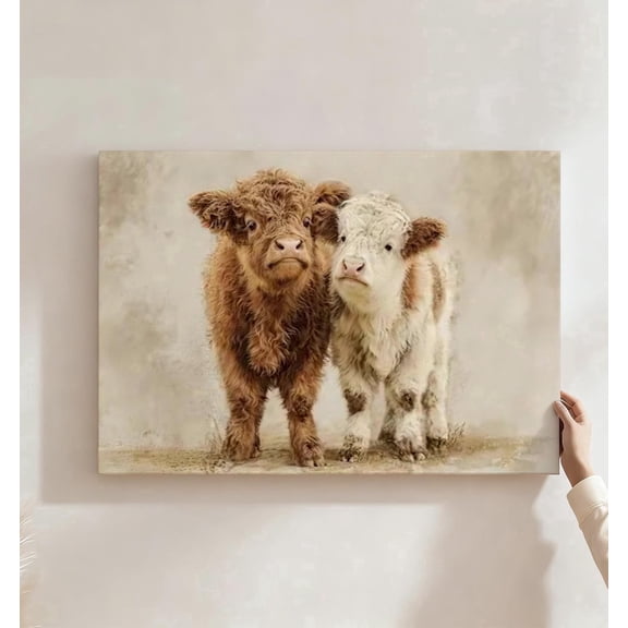 Fluffy Highland Calf Pair Canvas Wall Art, Rustic Farmhouse Animal Decor, Soft Brown & White Calf Artwork For Bedroom, Nursery, Living Room, Ready To Hang