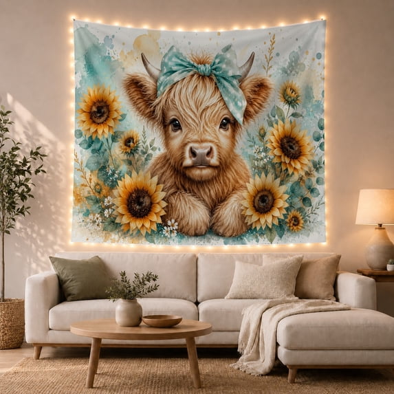 Fluffy Highland Cow Calf with Sunflowers and Cream Flowers, Whimsical Rustic for Animal Lovers, Farmhouse Wall Art Decor, Birthday Gift, Tapestry Wall Hanging for Living Room and Nursery