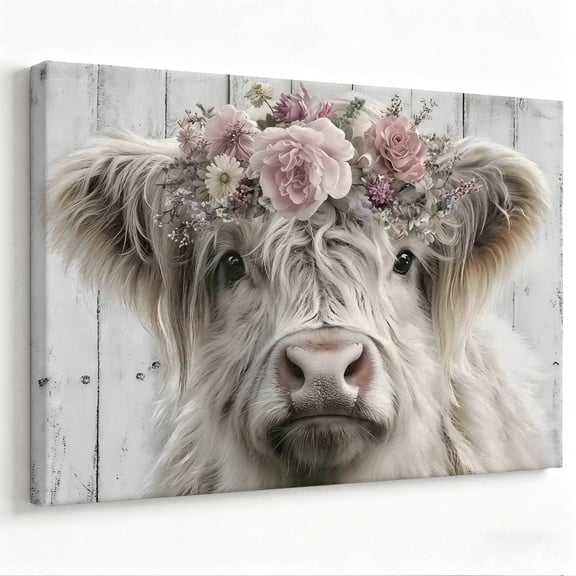 Fluffy Highland Cow Floral Crown Canvas Wall Art, Rustic Farmhouse Decor, Dusty Pink Flower Crown Artwork For Bedroom, Nursery, Kitchen, Ready To Hang 8*12inch(20*30cm)