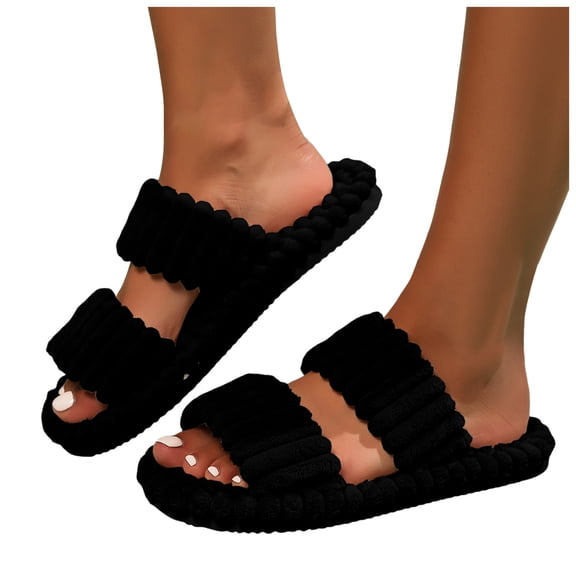 Fluffy House Slippers for Women Winter Warm Corduroy Open Toe Indoor Slippers Slip On Memory Foam Bedroom Shoes Black Size 9