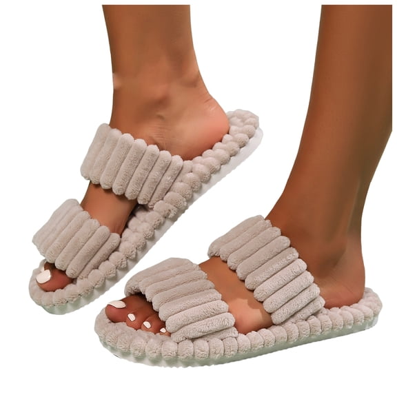 Fluffy House Slippers for Women Winter Warm Corduroy Open Toe Indoor Slippers Slip On Memory Foam Bedroom Shoes Brown Size 7