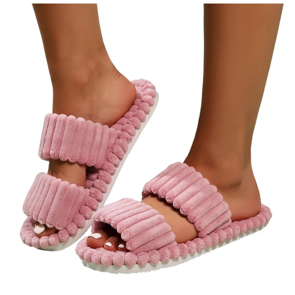 Fluffy House Slippers for Women Winter Warm Corduroy Open Toe Indoor Slippers Slip On Memory Foam Bedroom Shoes Pink Size 9
