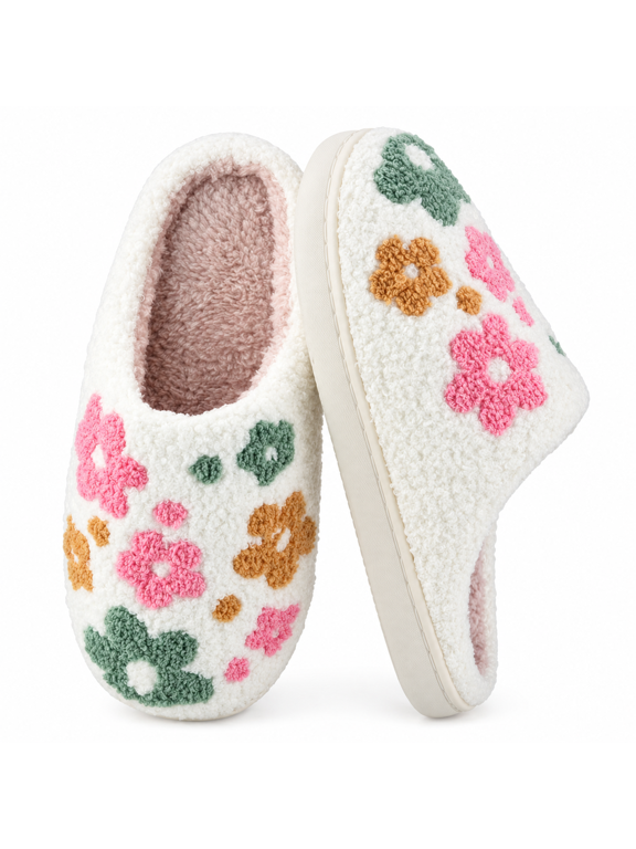 Fluffy House Slippers for Women and Men, Warm Plush Indoor Shoes with Anti-Slip TPR Sole and Floral Pattern