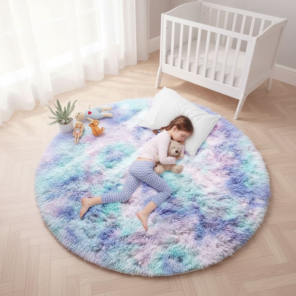 Girl Rugs Fluffy Kawaii Round Rug 4Ft for Girls Bedroom Decor, Purple Rainbow ...