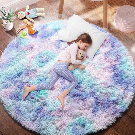 Fluffy Kawaii Round Rug 4Ft for Girls Bedroom Decor, Purple Rainbow Mermaid Rugs for Kids Playroom, Teen Girl Room, Nursery, Dorm, Cute Furry Pastel Rug, Soft Plush Tent Carpet