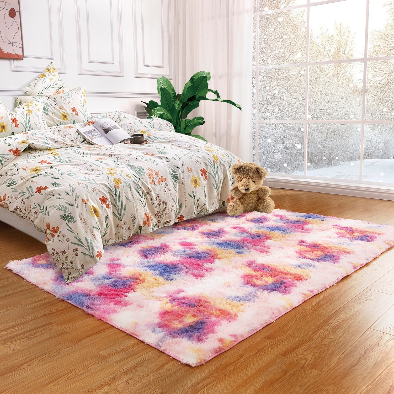 Fluffy Kids Rug for Girls Bedroom Carpets, Kawaii Colorful Tie Dye