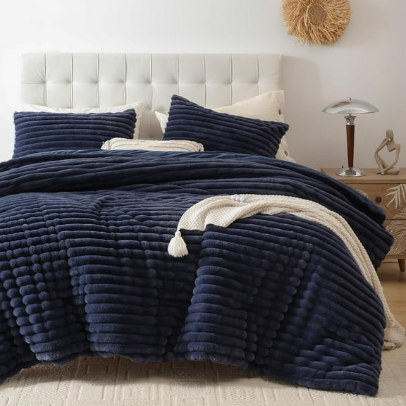 Fluffy King Size Comforter Set 3 Pieces - Navy Blue Fleece Fluffy Comforter Set, Luxury Fuzzy King Bedding Set, Soft King Bed Set All Season, Heavy Faux Fur Comforter with 2 Pillow Cases