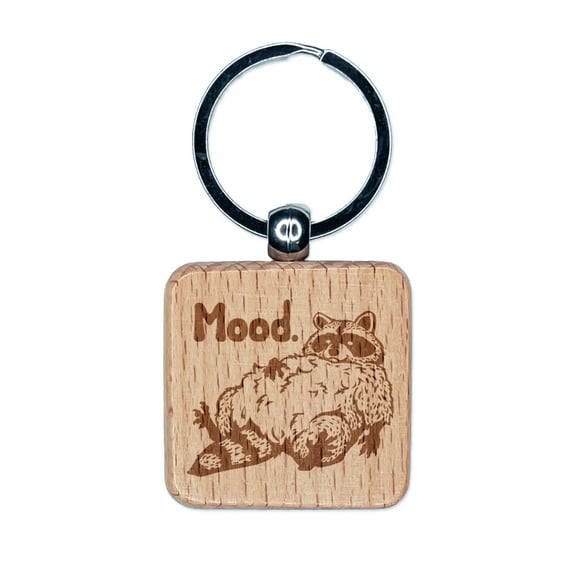 Fluffy Lazy Raccoon Mood Square Keychain Charm Tag - Engraved Wood