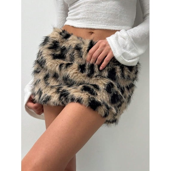 Fluffy Leopard Print Mini Skirt For Women Multicolor Low-Waist Faux Fur