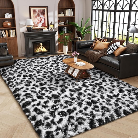 Fluffy Leopard Print Rug, Modern Shag Cheetah Rugs Home Decor for Teen Girls, Soft Comfy Faux Fur Animal Rug for Bedroom, Living Room, Plush Cheetah Print 70s Decor, White and Black 4x6 Feet