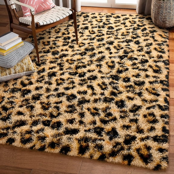 Fluffy Leopard Rug, Premium Cheetah Print Rugs, Soft Comfy Faux Fur Animal Print Carpet for Kids Room Bedroom, Living Room, Shaggy Teen Room Home Decor, Khaki 3x5 Feet
