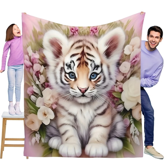 Fluffy Little Tiger With Flowers Cute Fun Print Flannel Blanket Soft Warm Cozy Skin-friendly Blanket For Sofa Bed Car Camping Office Home Decor Gift Blanket For All Seasons-Knit Fabric