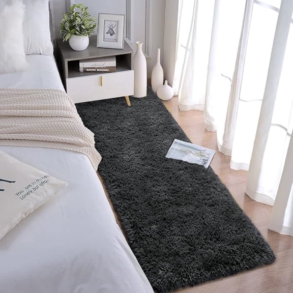 ONUZZLY Solid-Color Black Polyester Fluffy Shag Runner Rug, 2' x 4', Non-Slip Backing