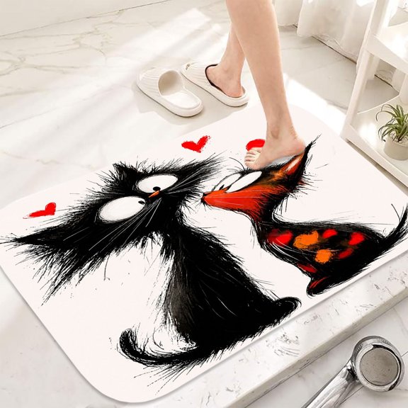 Fluffy Loving Cats Flannel Bath Mat 16x24 Inches, Soft Absorbent Non-Slip Bathroom Rug, Machine Washable Floor Mat for Shower