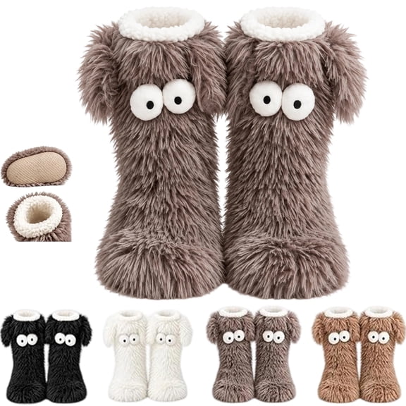 Fluffy Monster Indoor Slipper Socks, Fleece Lined Big Eye Boot