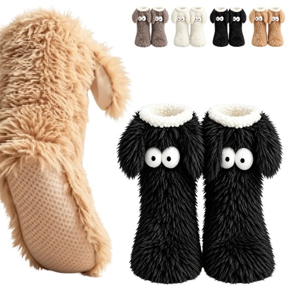 Fluffy Monster Indoor Slipper Socks, Plush Big Eye Design Fuzzy Non-Slip House Socks for Women