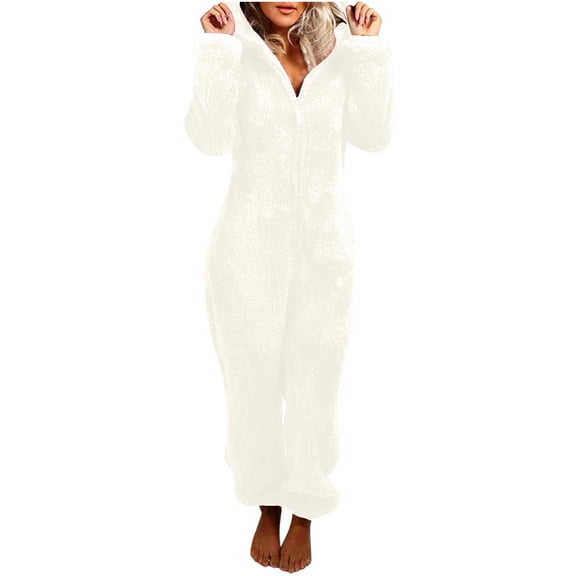 Fluffy Onesies for Women Ladies Fleece Pyjamas Hooded Onesie Teddy Pajamas Winter Warm Plush Hooded Flannel One Piece Jumpsuit Playsuit Sleepwear Loungewear Size 8-22