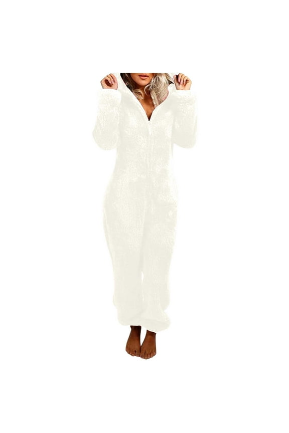 Fluffy Onesies for Women Ladies Fleece Pyjamas Hooded Onesie Teddy Pajamas Winter Warm Plush Hooded Flannel One Piece Jumpsuit Playsuit Sleepwear Loungewear Size 8-22