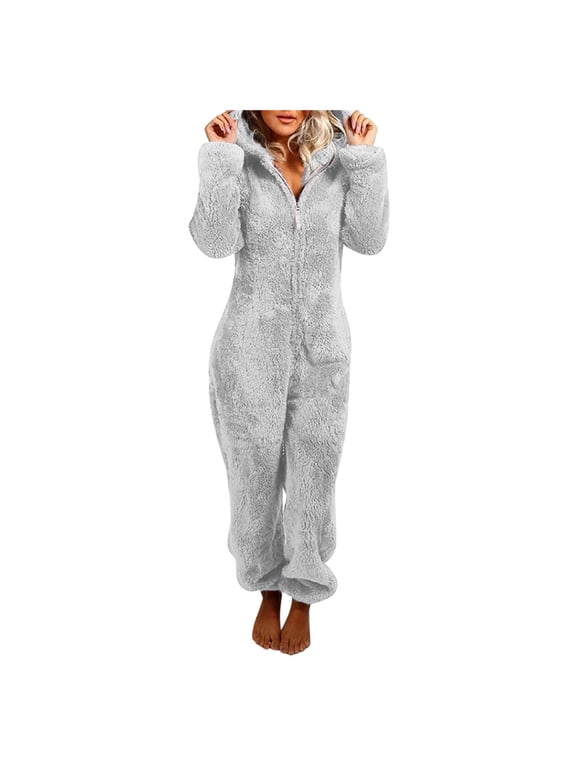 Fluffy Onesies for Women Ladies Fleece Pyjamas Hooded Onesie Teddy Pajamas Winter Warm Plush Hooded Flannel One Piece Jumpsuit Playsuit Sleepwear Loungewear Size 8-22