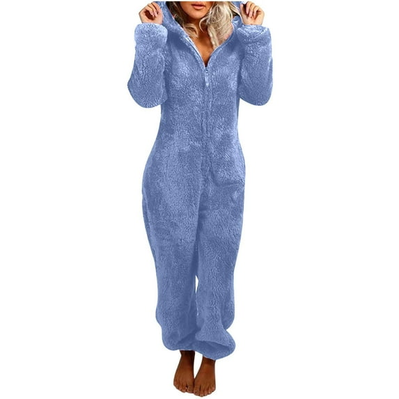 Fluffy Onesies for Women Sale Clearance,Ladies Fleece Pyjamas Hooded Onesie Teddy Pajamas Winter Warm Plush Hooded Flannel One Piece Jumpsuit Playsuit Sleepwear Loungewear UK Size 8-22
