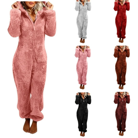 Fluffy Onesies for Women ,Ladies Fleece Pyjamas Hooded Onesie Teddy Pajamas Winter Warm Plush Hooded Flannel One Piece Jumpsuit Playsuit Sleepwear Loungewear UK Size 8-22