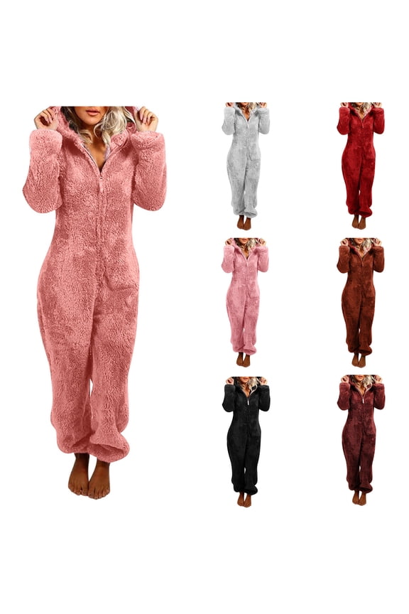 Fluffy Onesies for Women ,Ladies Fleece Pyjamas Hooded Onesie Teddy Pajamas Winter Warm Plush Hooded Flannel One Piece Jumpsuit Playsuit Sleepwear Loungewear UK Size 8-22