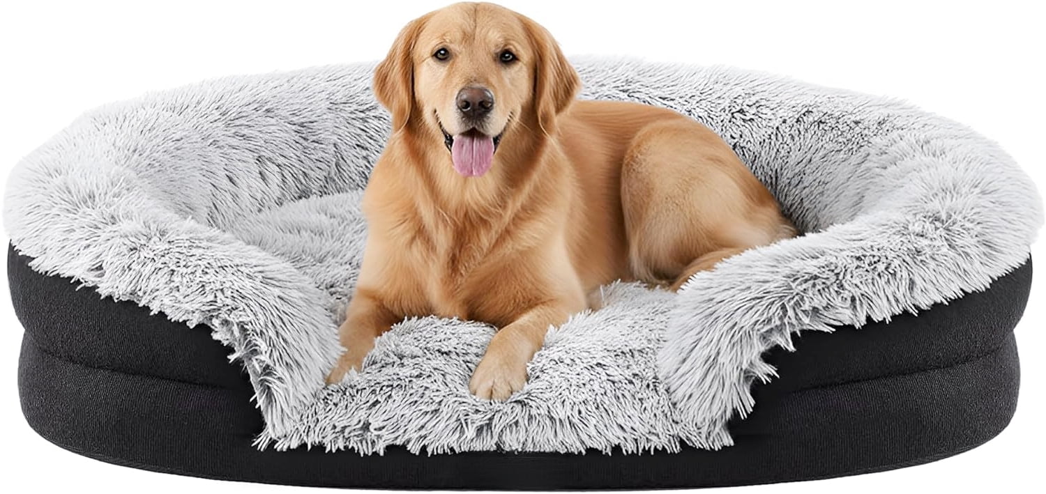 Fluffy Orthopedic Dog Bed Gray 43 Inch Cozy Oval Pet Donut Bed for Large Dogs