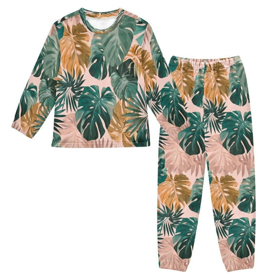 Fluffy Pajamas Set Fuzzy Winter Warm Pj Sets Pullover Tops and Long Pants Abstract Tropical Leaves Pattern Medium