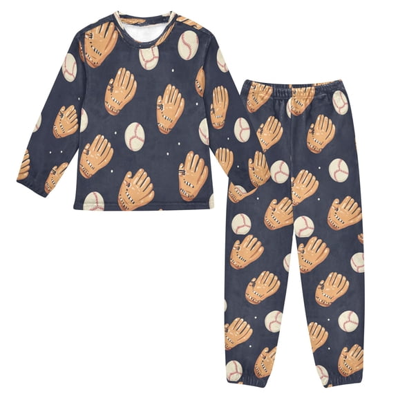 Fluffy Pajamas Set Fuzzy Winter Warm Pj Sets Pullover Tops and Long Pants Baseball Gloves and Balls Pattern Large