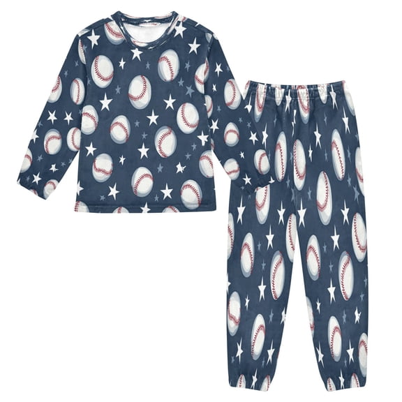 Fluffy Pajamas Set Fuzzy Winter Warm Pj Sets Pullover Tops and Long Pants Baseball Stars Pattern X-Large
