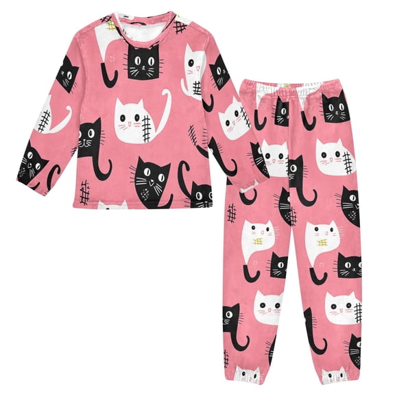 Fluffy Pajamas Set Fuzzy Winter Warm Pj Sets Pullover Tops and Long Pants Black and White Cats X-Large