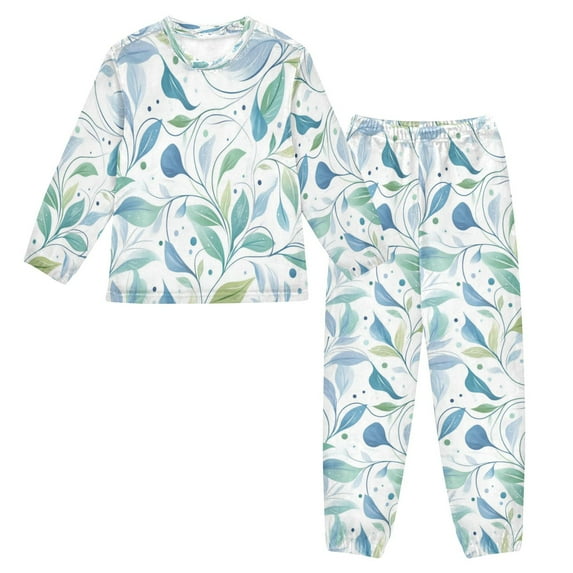 Fluffy Pajamas Set Fuzzy Winter Warm Pj Sets Pullover Tops and Long Pants Blue Leaves Small
